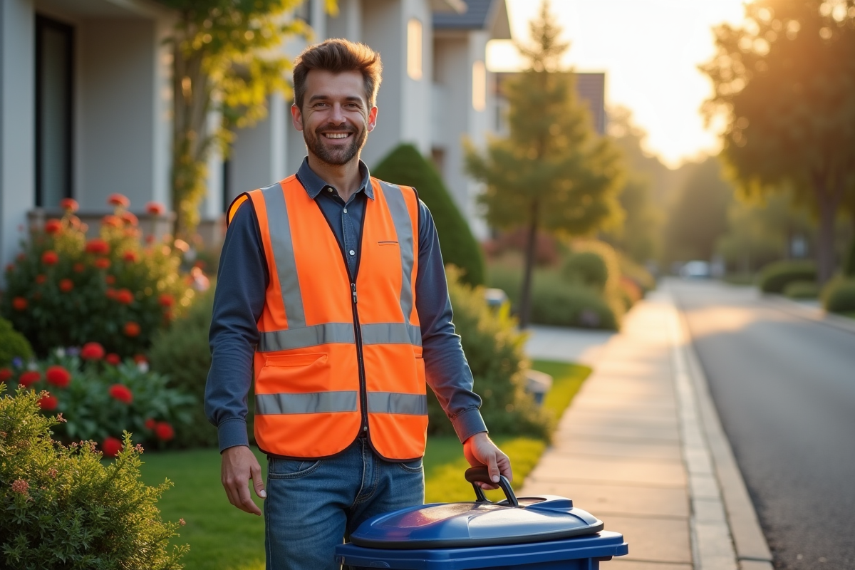 Employe municipal souriant ramassant les poubelles dans un quartier propre