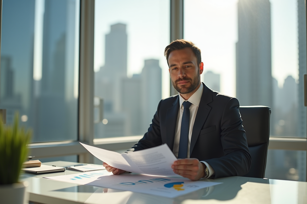 Agent immobilier confiant dans un bureau lumineux avec vue urbaine