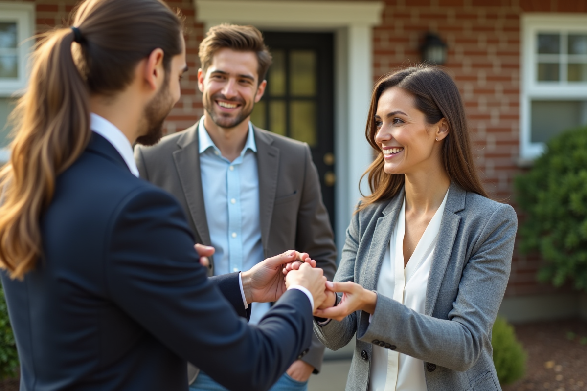 Agent immobilier remettant les clés à un jeune couple devant une maison