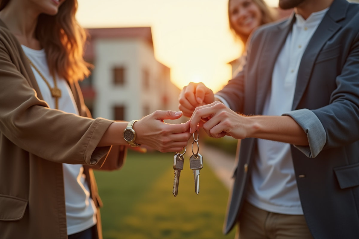 Agent immobilier remettant des clés à une famille heureuse