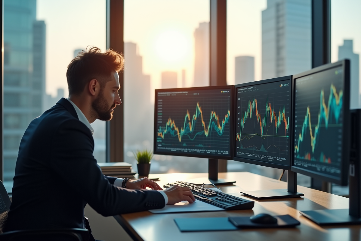 Analyste financier étudiant des graphiques en bureau moderne