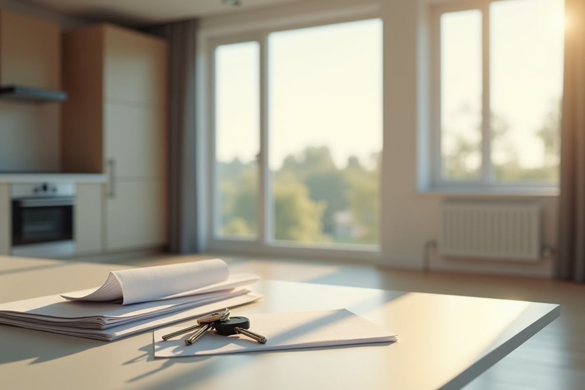 Appartement moderne vide avec clés et documents sur le comptoir de cuisine