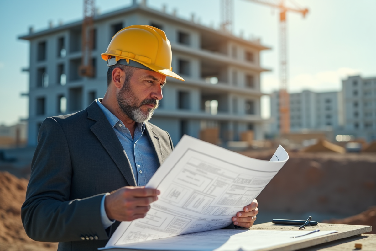 Architecte examinant plans de construction sous lumière naturelle