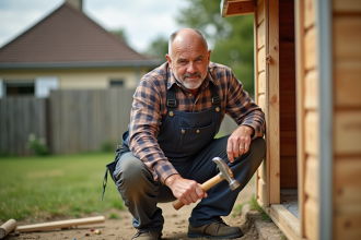 Homme français en overalls travaillant à un abri de jardin