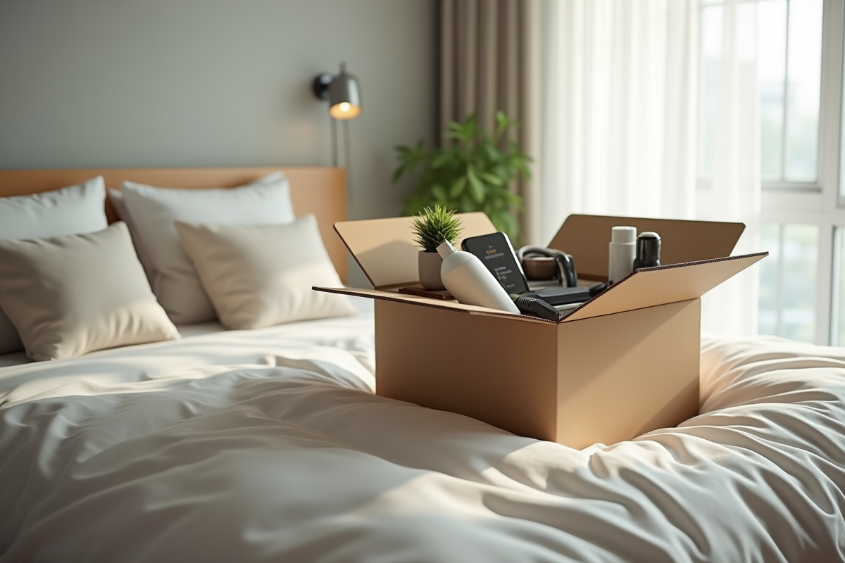 Caisse en carton ouverte sur un lit bien fait avec objets essentiels