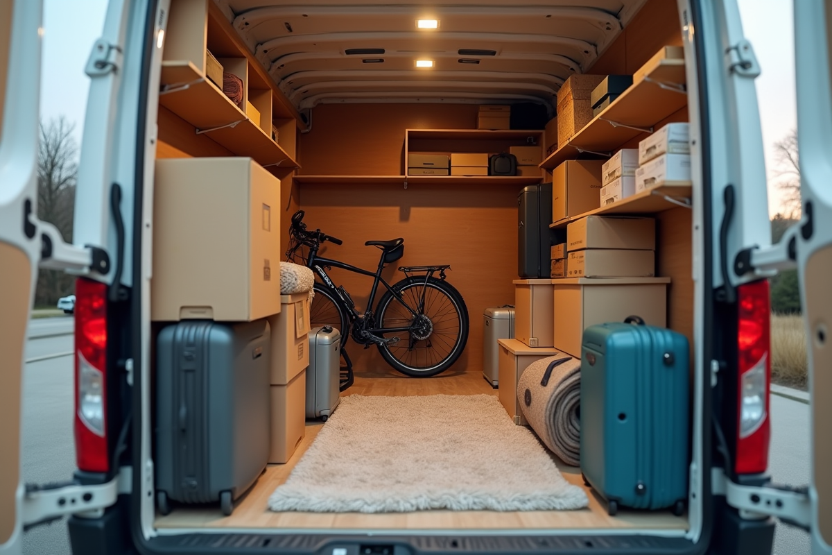 Vue de l'arrière d'un petit camion de déménagement rempli d'objets