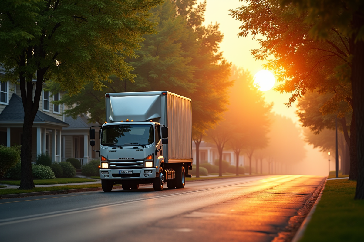 Camion de déménagement stationne au matin sur une rue verte