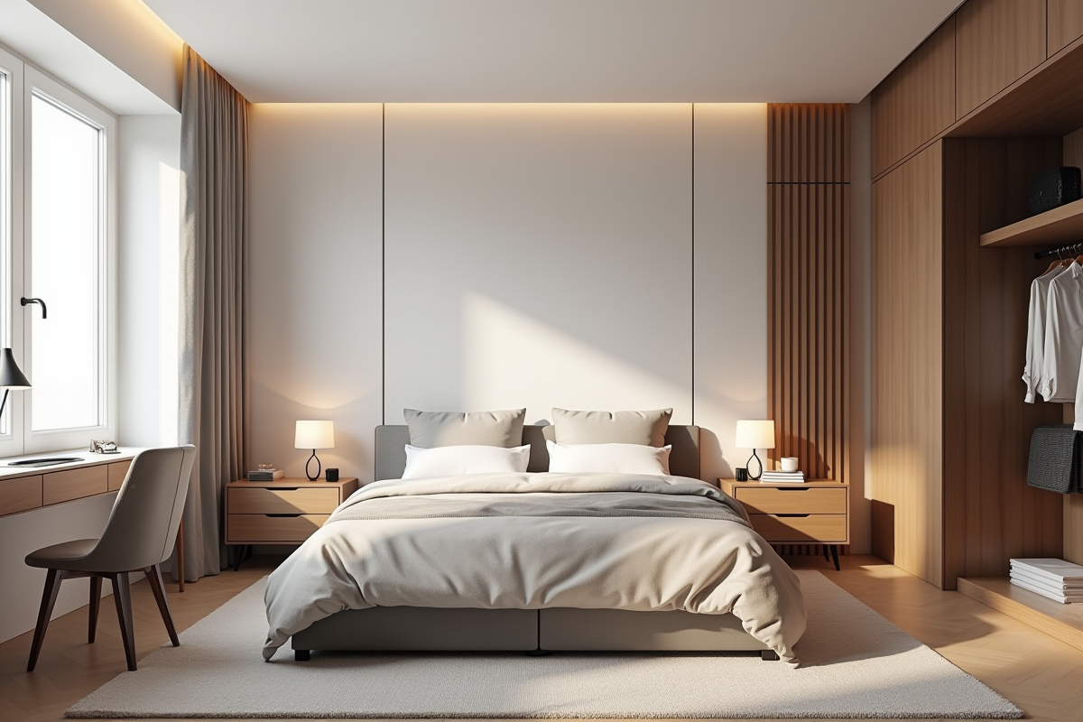 Chambre minimaliste avec lit double et bureau lumineux