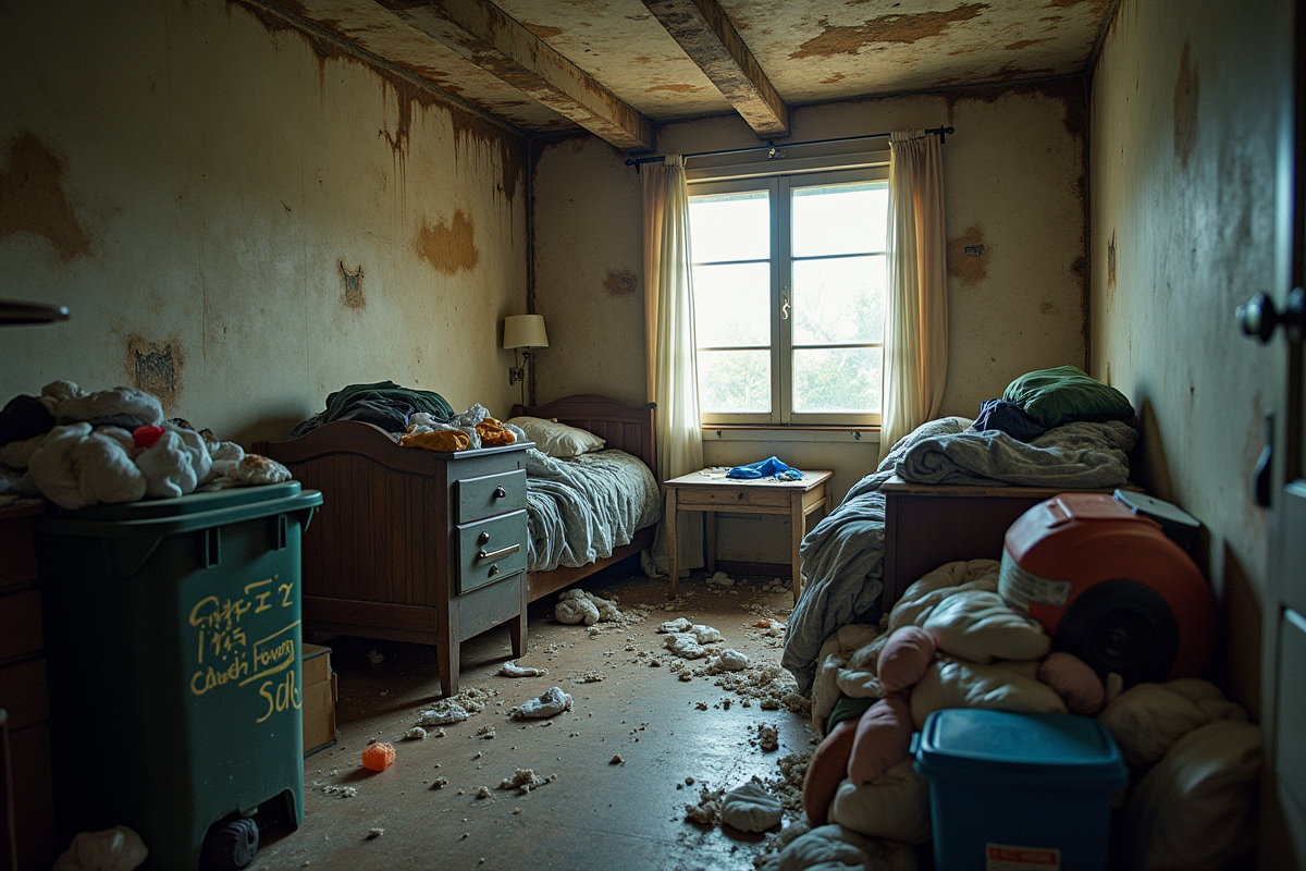 Chambre encombrée avec débris et taches d humidité au plafond