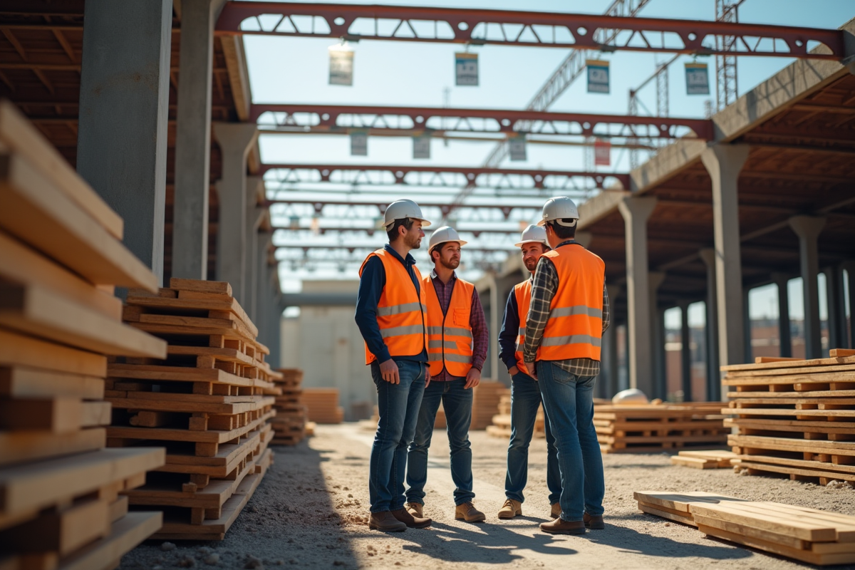 Chantier de construction en journée avec ouvriers et matériaux