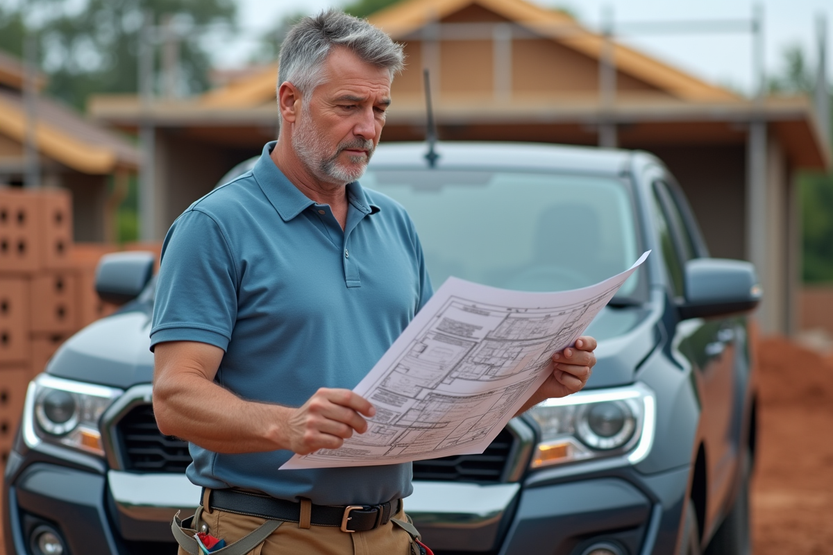 Chef de chantier en extérieur avec plans de construction