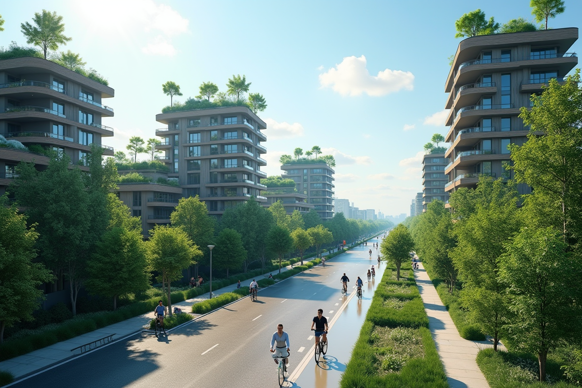 Paysage urbain écologique avec jardins sur les toits et avenues arborées