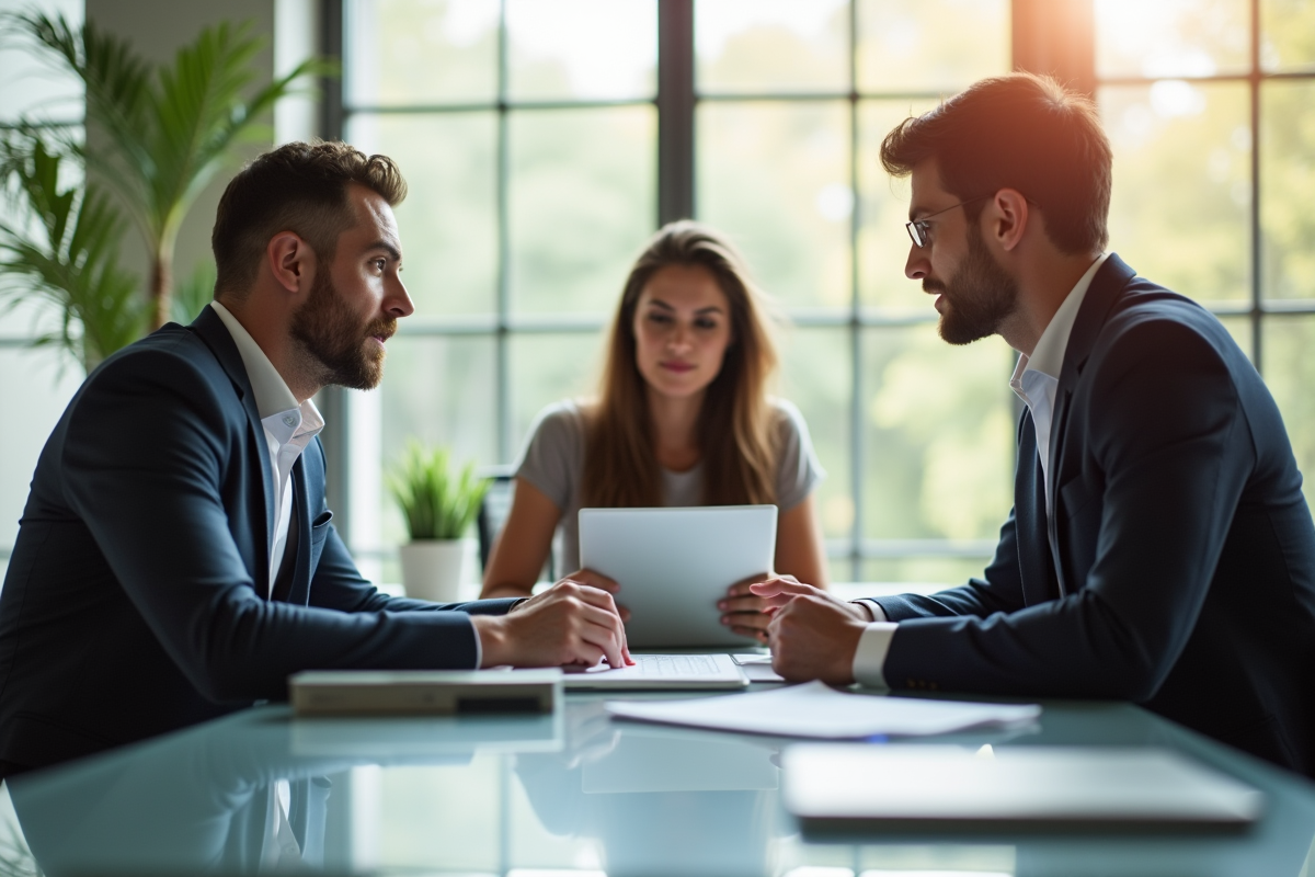 Conseiller financier avec couple et documents dans un bureau lumineux