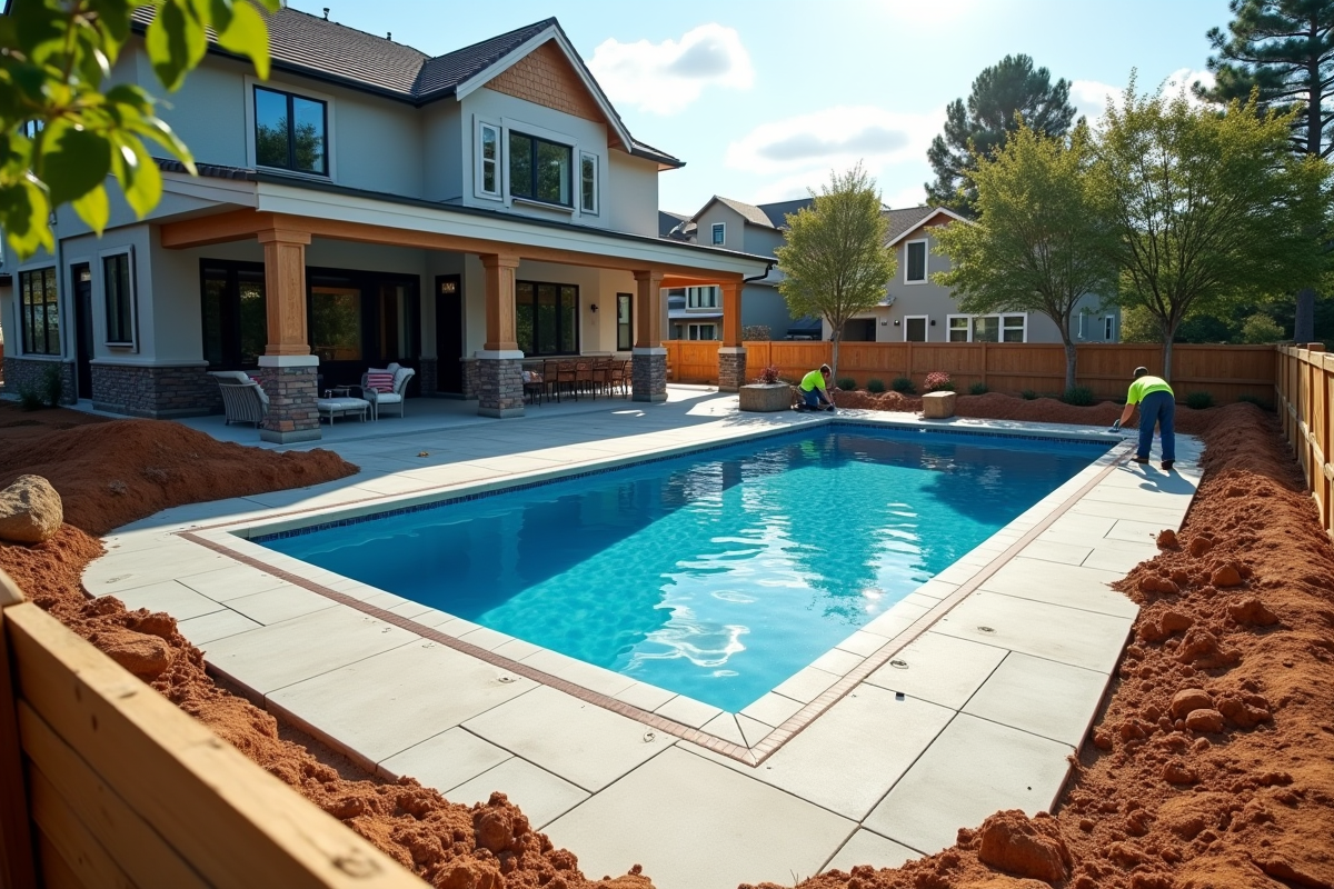 Construction d'un jardin avec piscine en cours en plein jour
