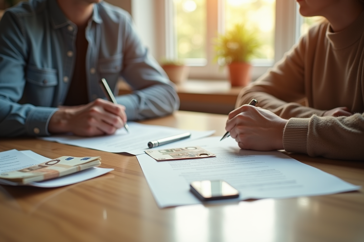 Propriétaire et locataire signant un contrat dans une cuisine lumineuse