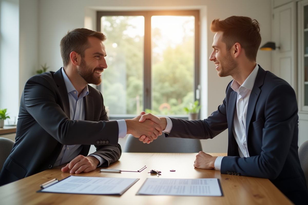 Propriétaire et locataire se serrant la main dans un salon lumineux
