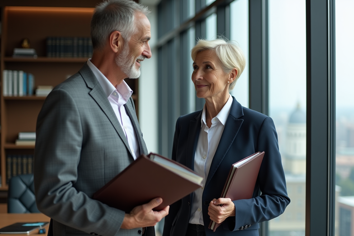 Homme senior et fille discutant avec un avocat dans un bureau moderne