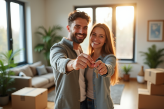 Couple souriant tenant des clés dans un salon lumineux