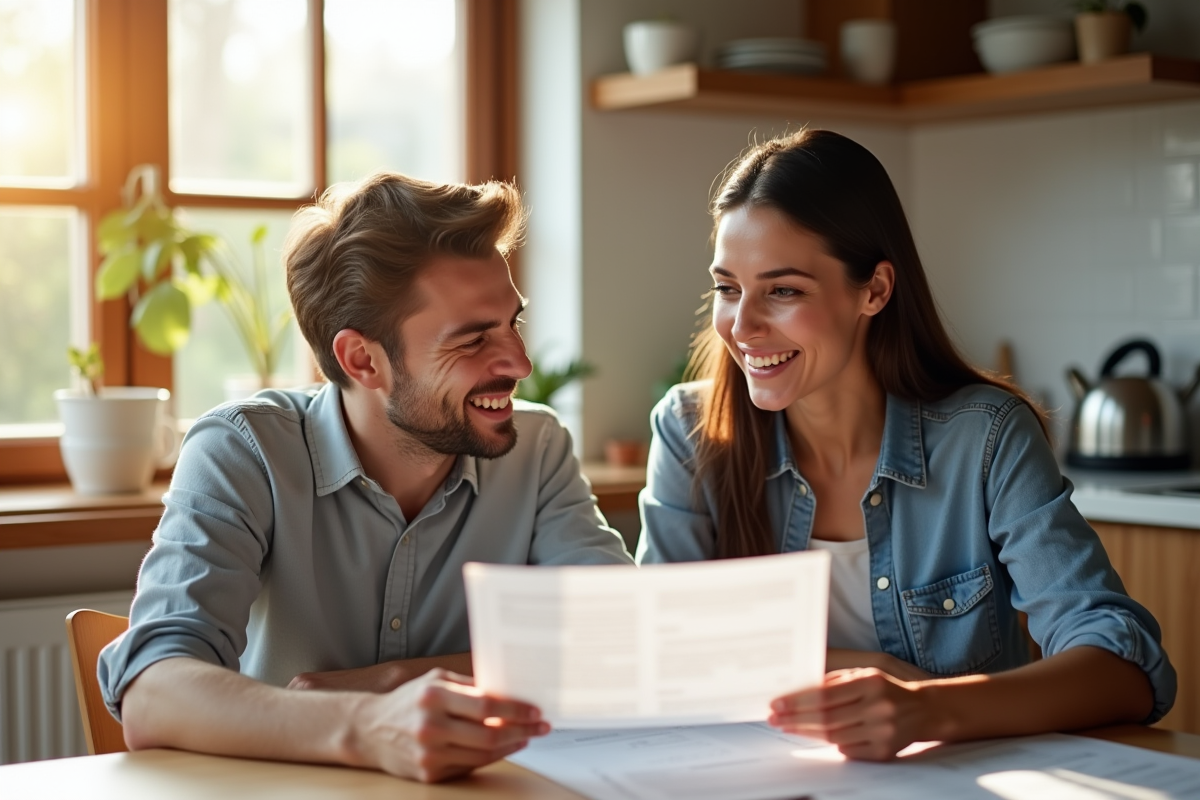 Couple souriant examinant documents d'assurance maison