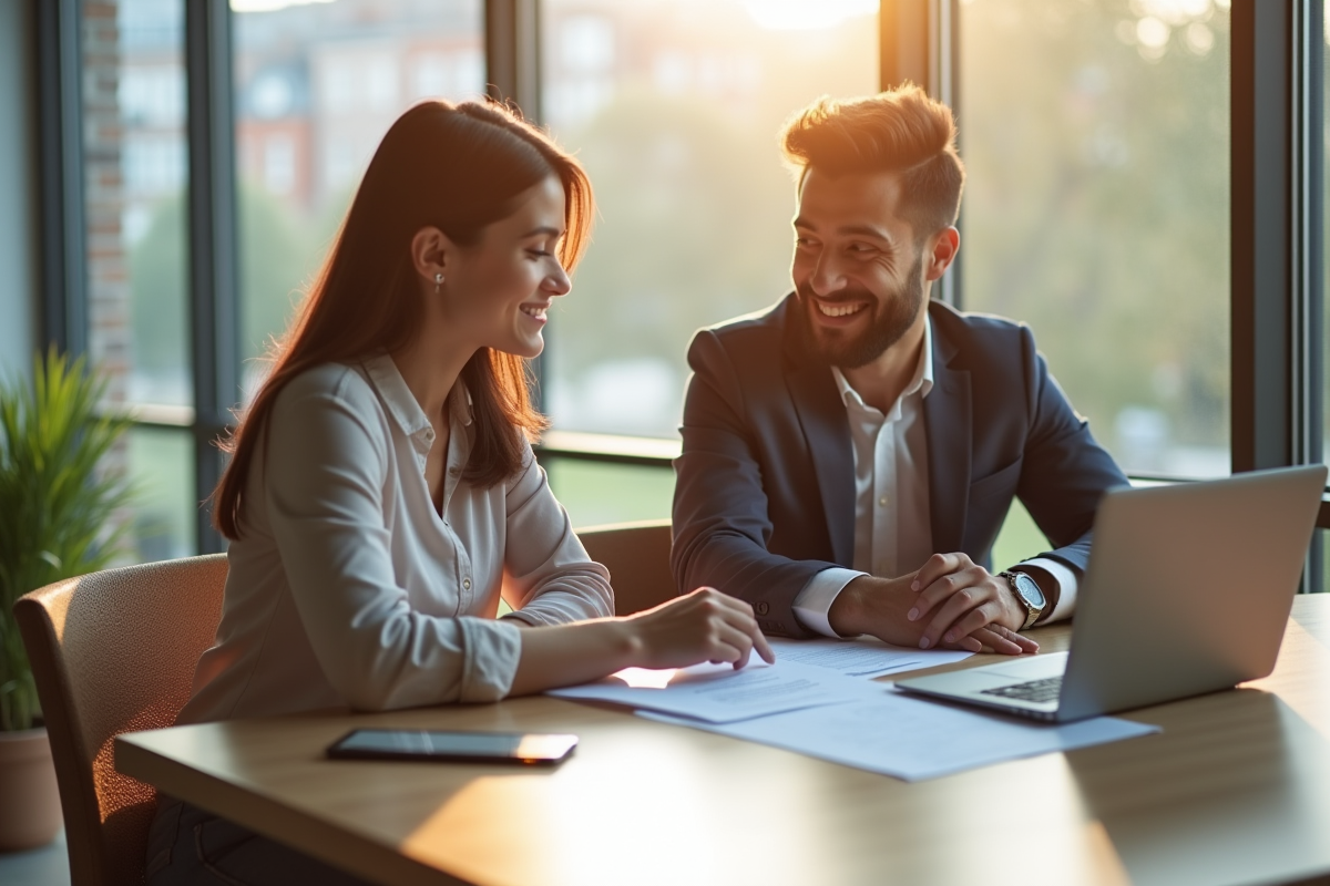 Jeune couple professionnel examinant des contrats de location