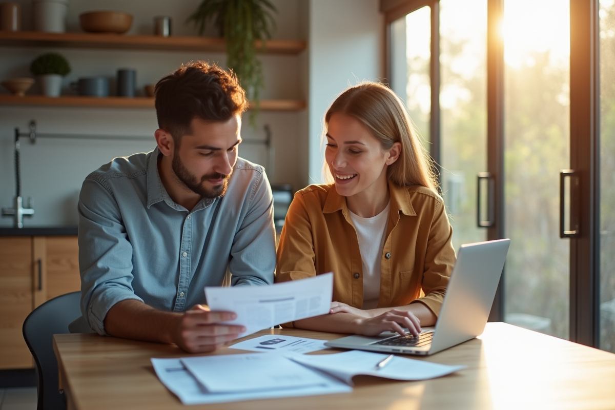 Couple étudiant des documents financiers dans une cuisine lumineuse