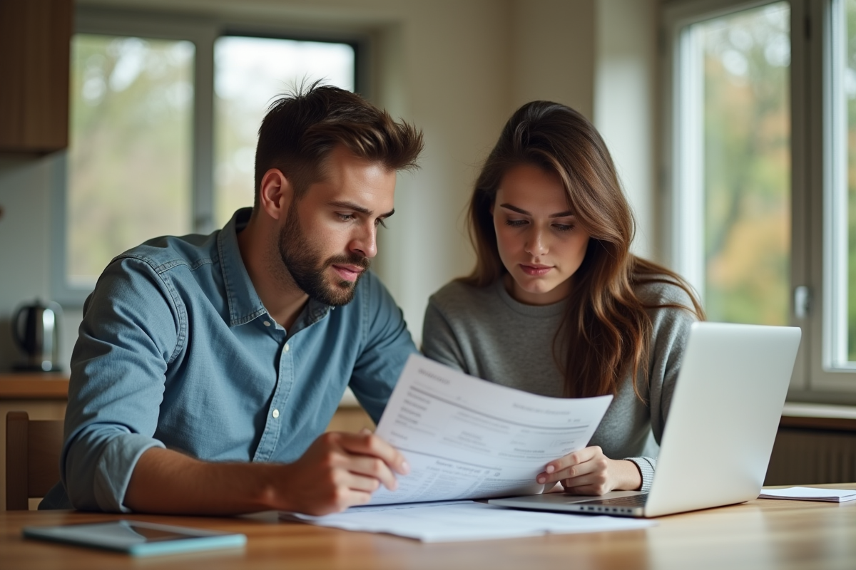 Jeune couple à la cuisine examine des documents financiers