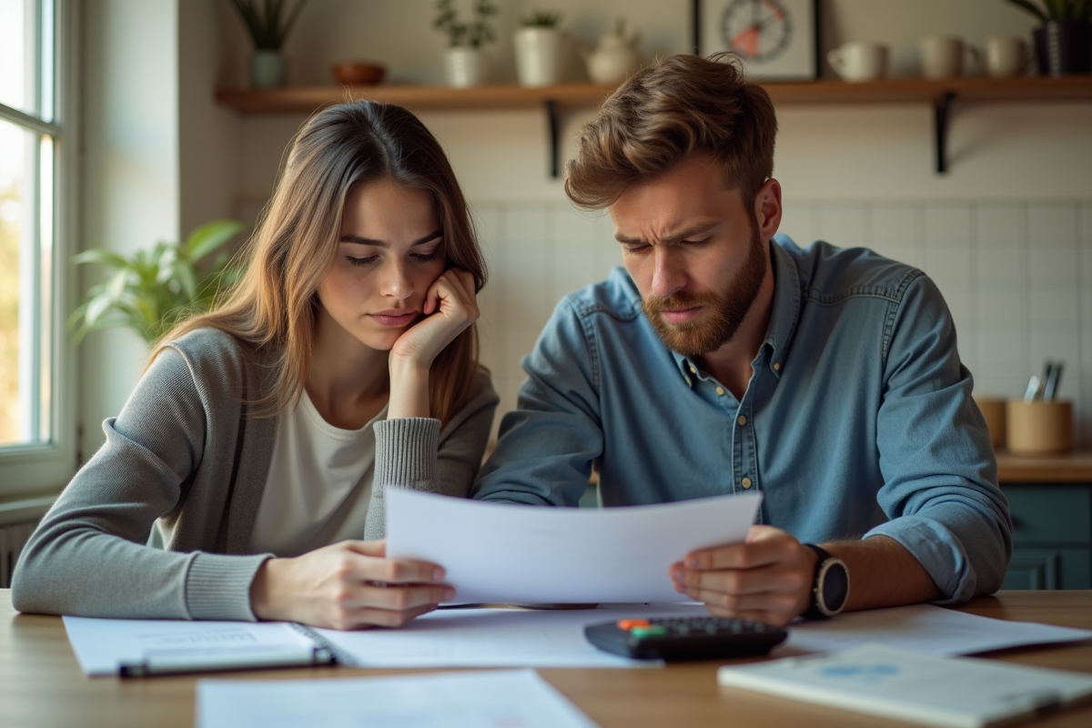 Jeune couple inquiet à la cuisine avec documents financiers