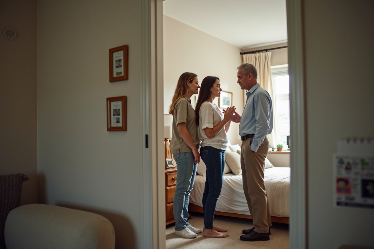 Jeune couple inspectant une chambre avec un agent immobilier