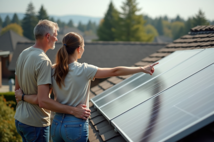 Couple inspectant des panneaux solaires sur un toit r&eacute;sidentiel