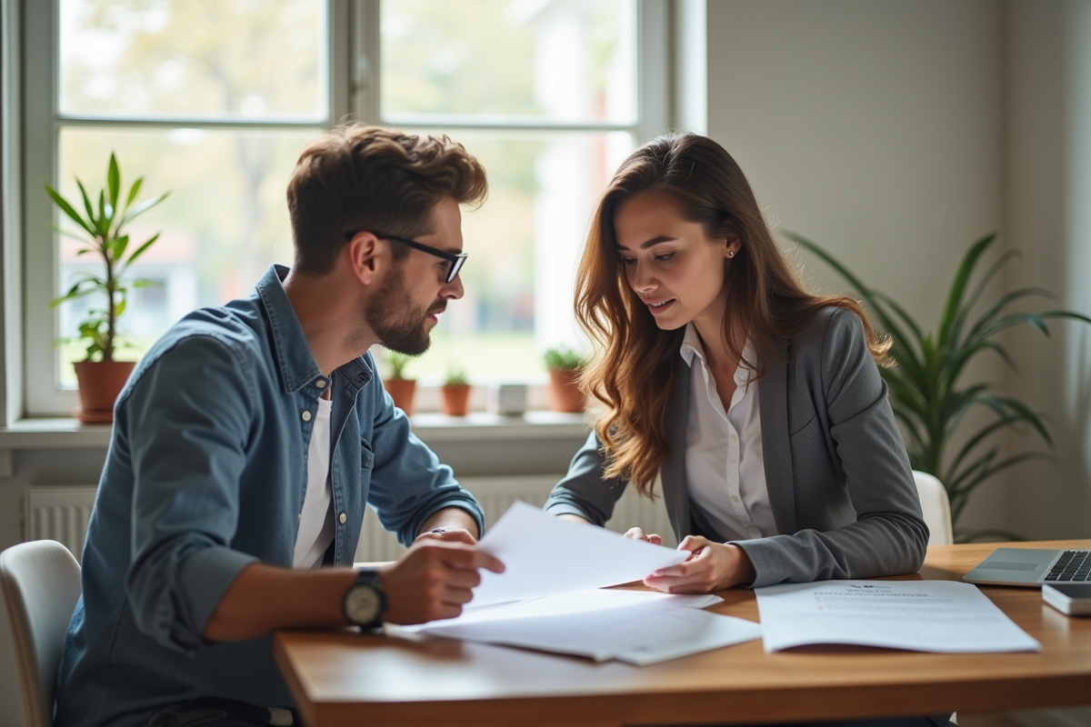 Jeune couple professionnel examinant des documents de location