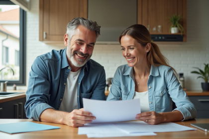 Couple d'adultes souriants dans une cuisine moderne