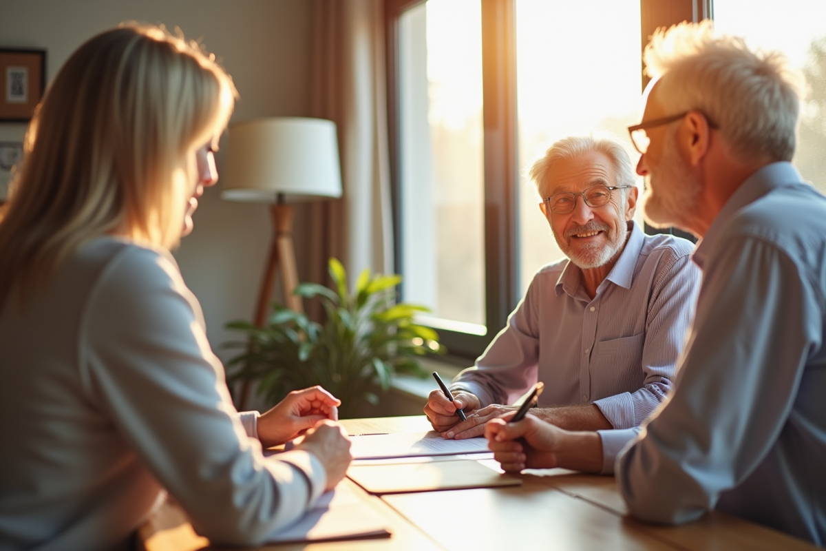 Couple senior souriant signant des documents immobiliers