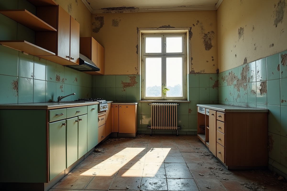 Cuisine d appartement négligée avec peinture écaillée et moisissure