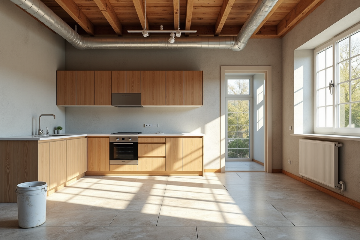 Cuisine en rénovation avec carrelage partiel et tuyaux exposés