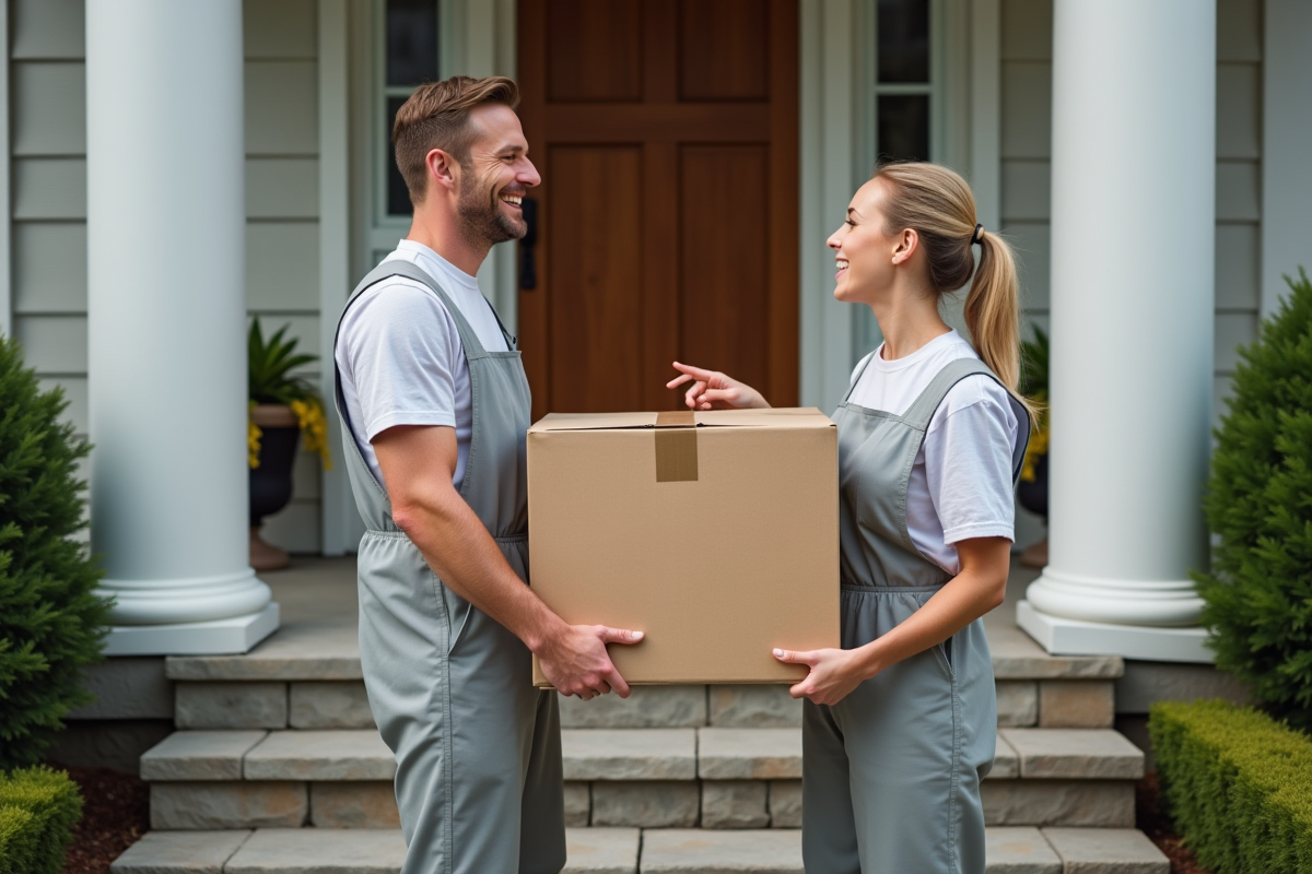 Déménageurs plaçant une caisse devant une maison de banlieue
