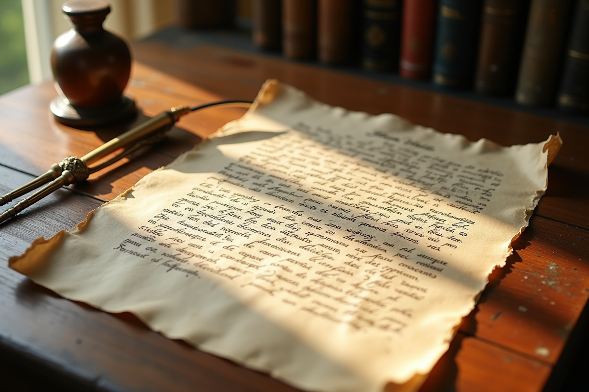 Ancien document juridique écrit à la main avec plume et encrier
