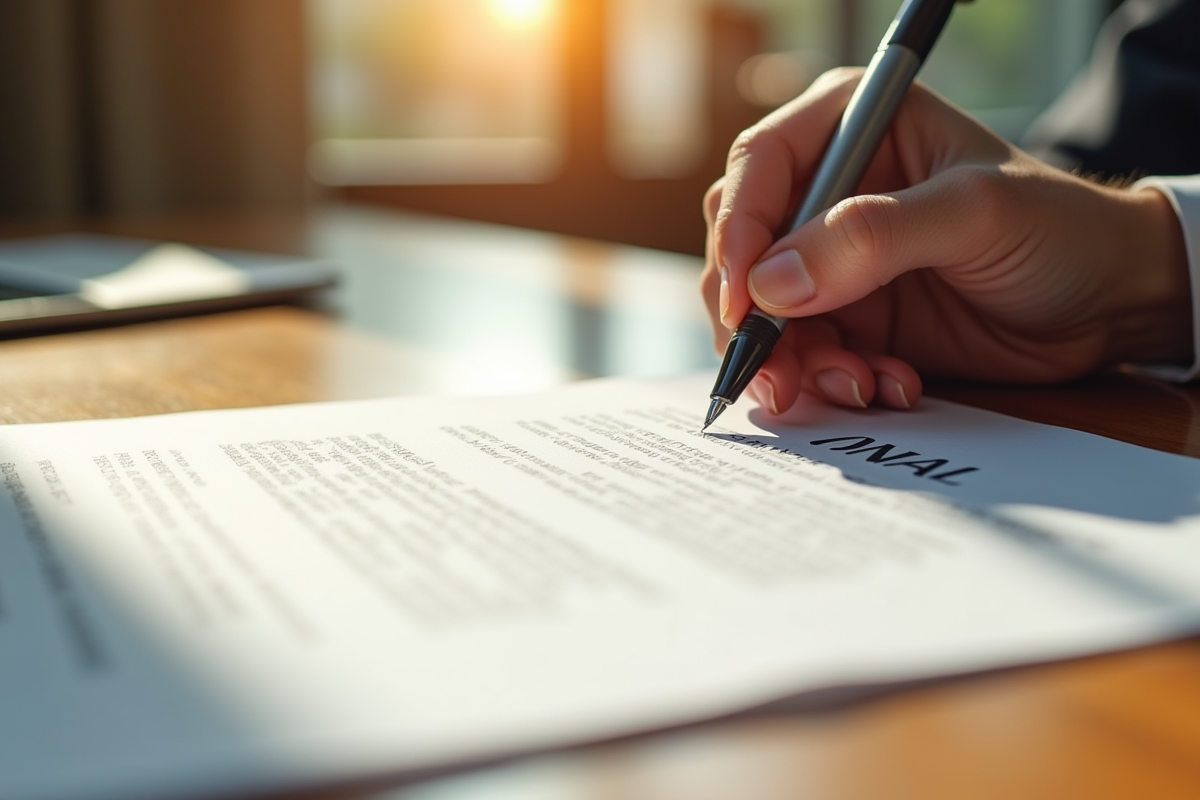 Main signant des documents sur une table en bois en lumière naturelle