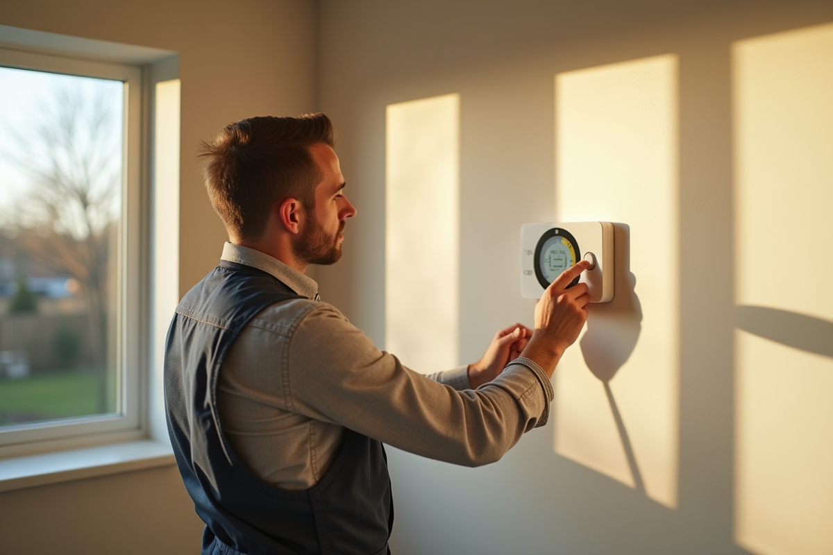 Electricien ajustant un thermostat dans une maison renovée lumineuse
