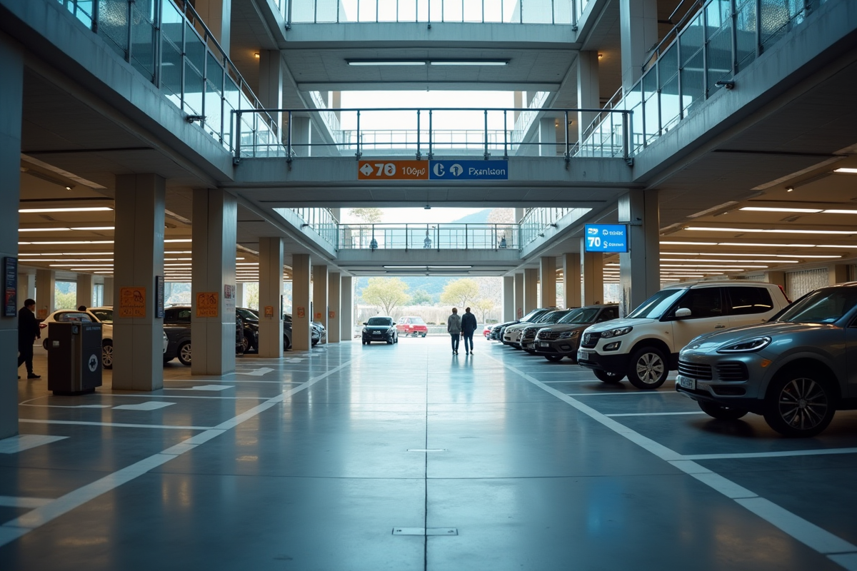 Entrée d'un parking moderne avec voitures et panneaux