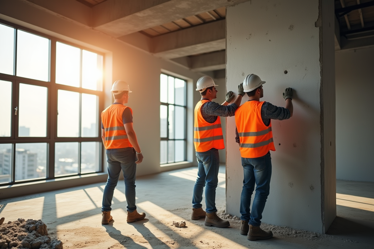 Équipe d'ingénieurs en bâtiment inspectant un mur porteur