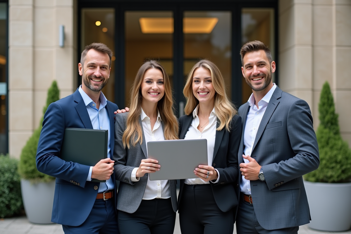 Groupe de professionnels du crédit immobilier devant une agence moderne