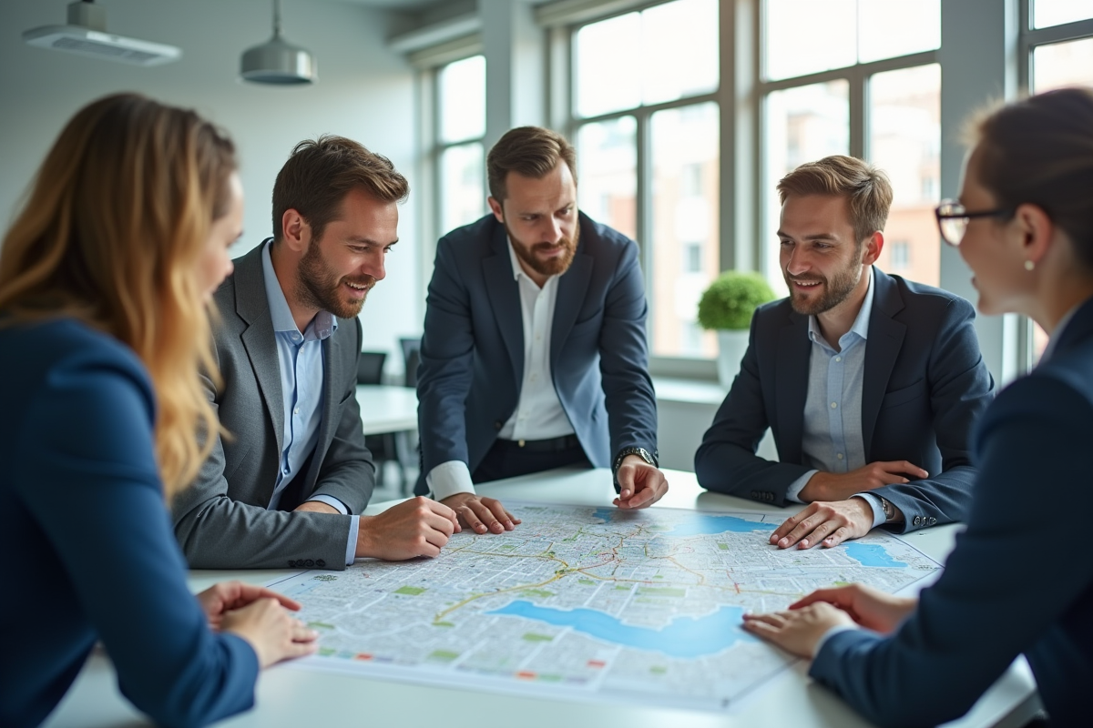 Trois professionnels discutant urbanisme sur une carte