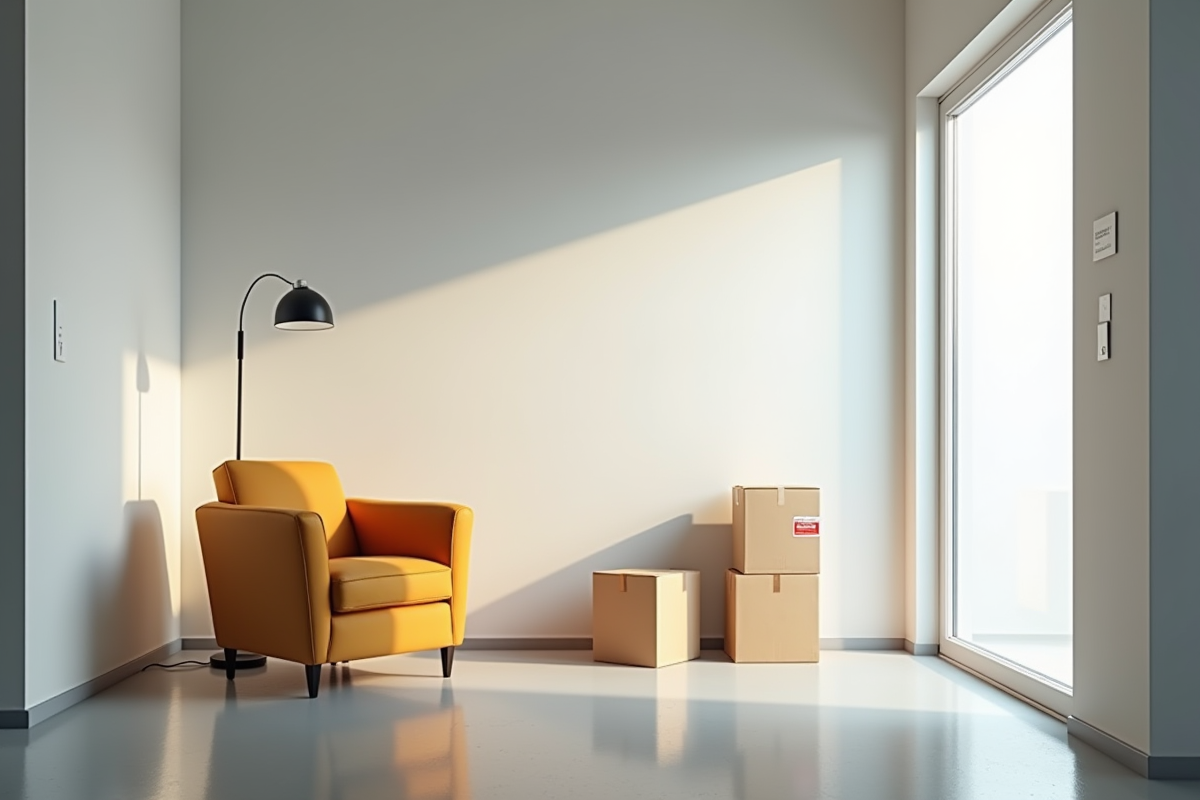 Espace de stockage vide avec fauteuil et cartons sous lumière naturelle