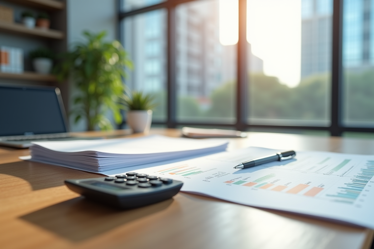 Espace de travail financier avec documents et calculatrice