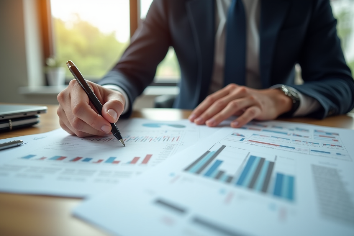 Espace de travail professionnel avec documents et graphiques financiers