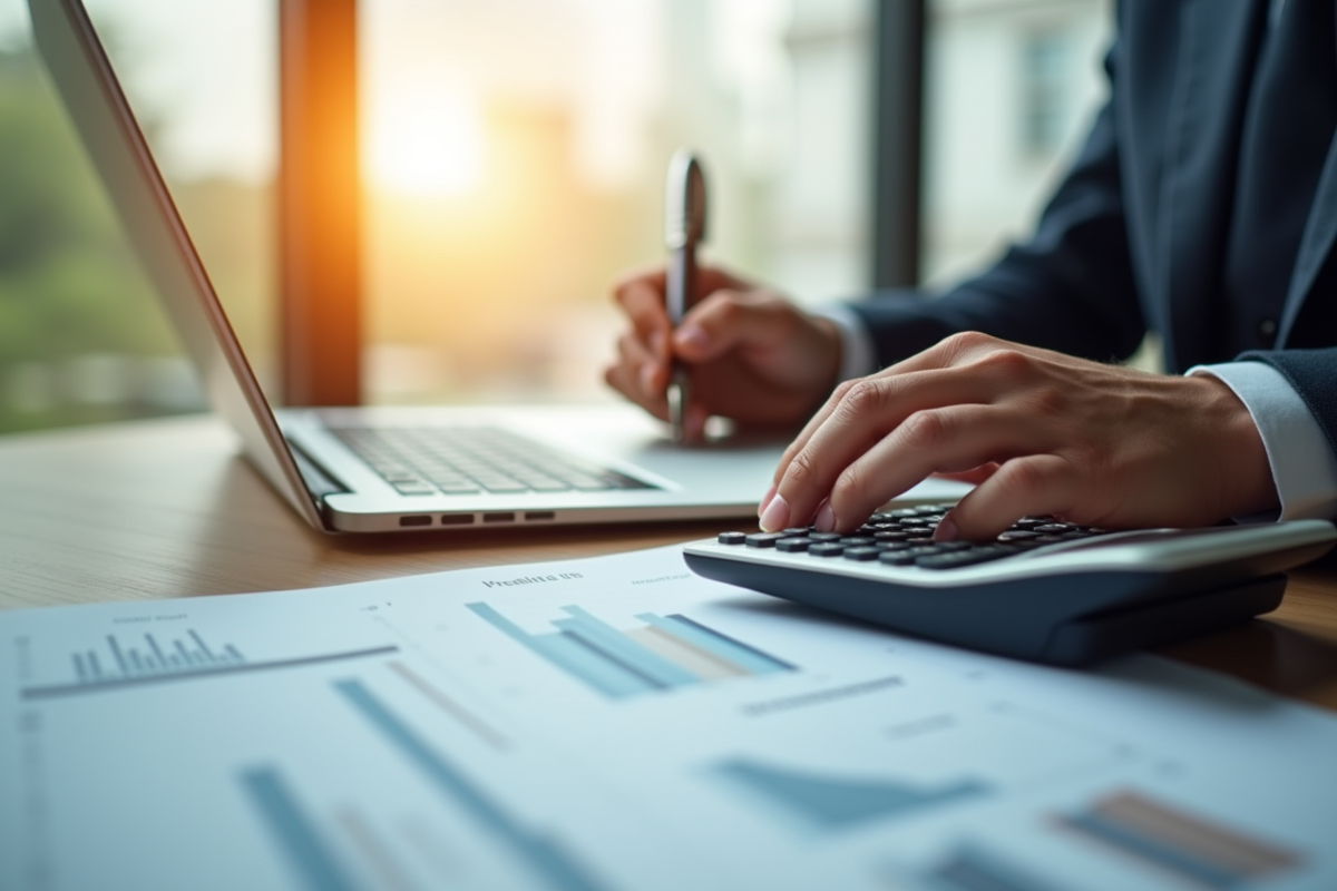 Espace de travail professionnel avec documents financiers et calculatrice