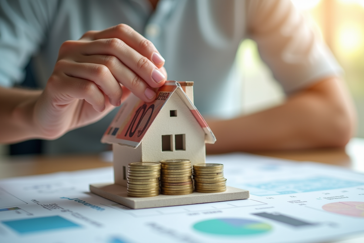 Mains empilant des euros sur une maquette de maison