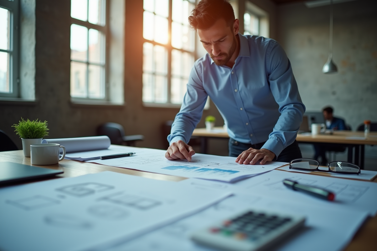Professionnel examinant plans et rapports sur une table lumineuse