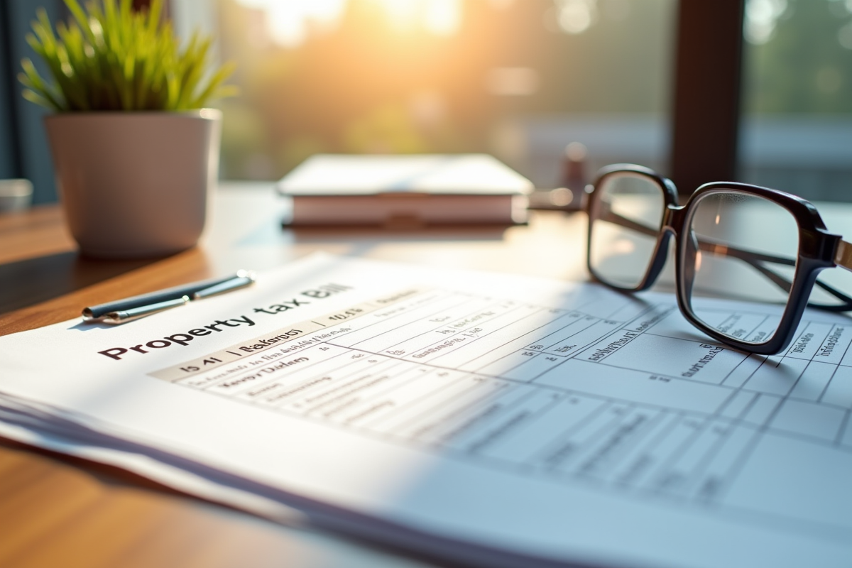 Facture de taxe immobiliere sur une table en bois avec lunettes