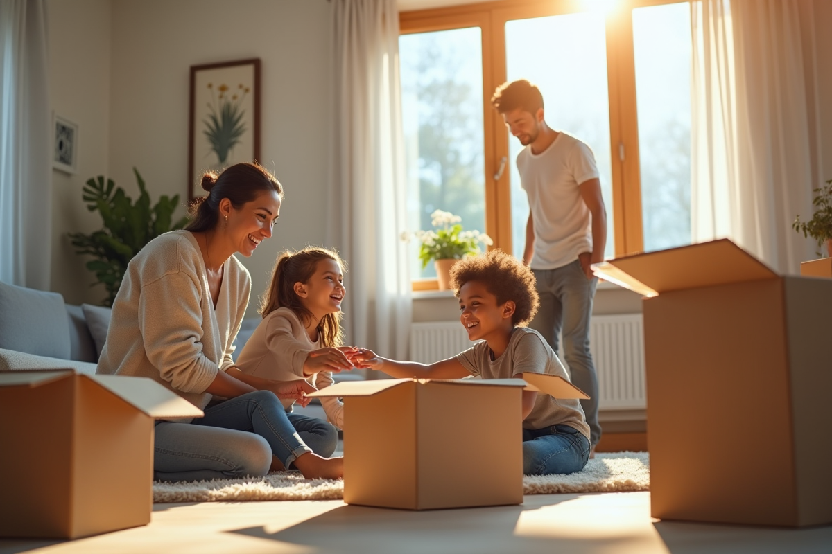 Famille heureuse déballant des cartons dans un salon lumineux
